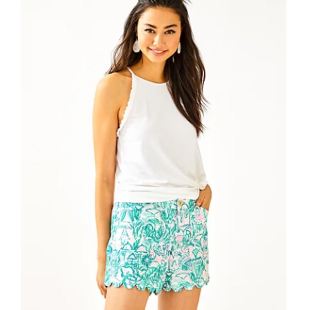 NWT Lilly Pulitzer wm size 4 Buttercup 5" Stretch Shorts Agate Green Camelflage